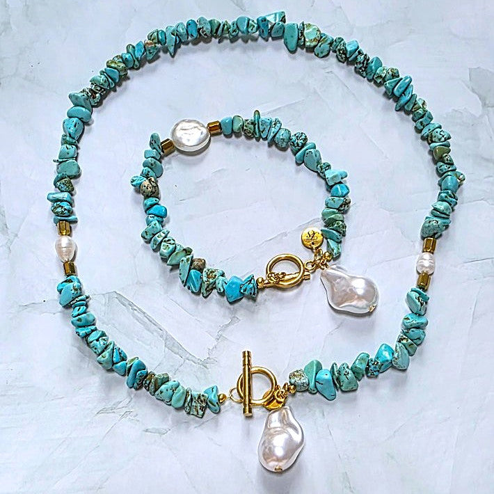 Exotic Turquoise & Pearl Necklace & Bracelet Set