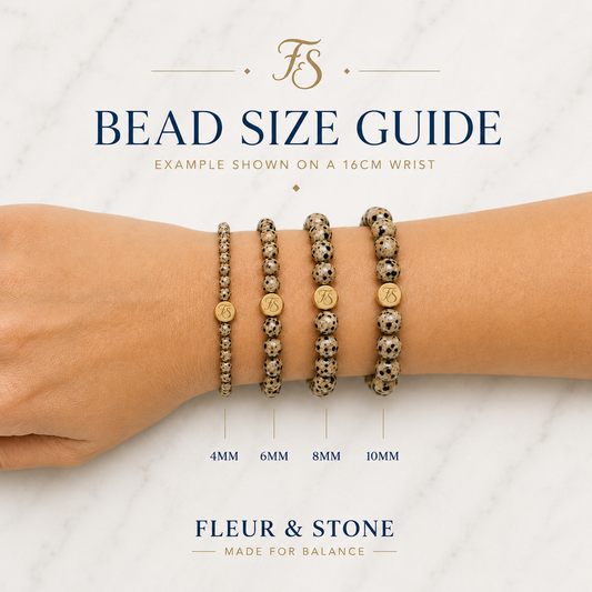 Fleur & Stone bead size guide showing 4mm, 6mm, 8mm and 10mm gemstone bracelets on a wrist for size comparison.