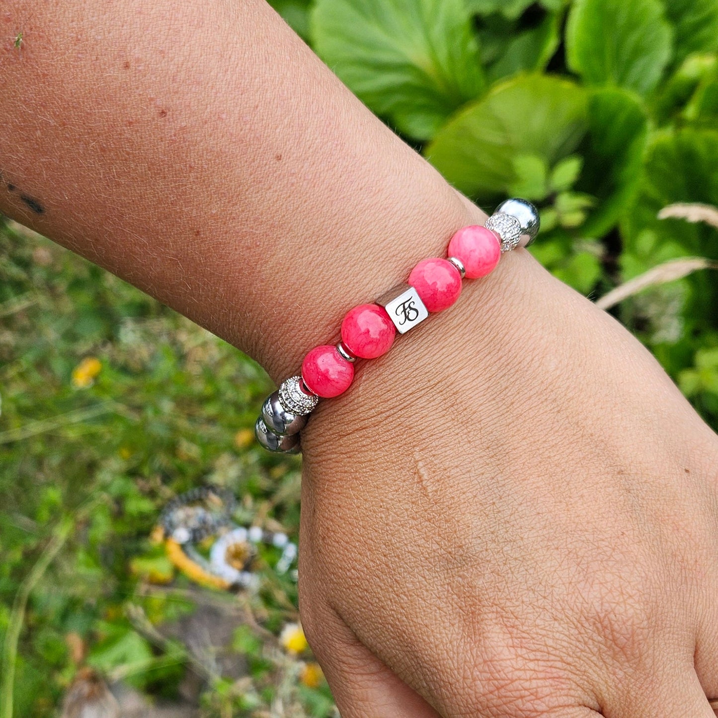 Rhodochrosite & Silver Hematite 10mm