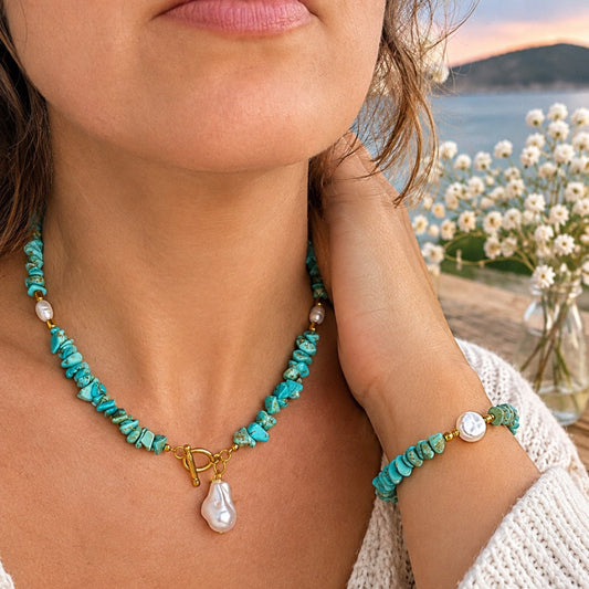 Exotic Turquoise & Pearl Necklace & Bracelet Set