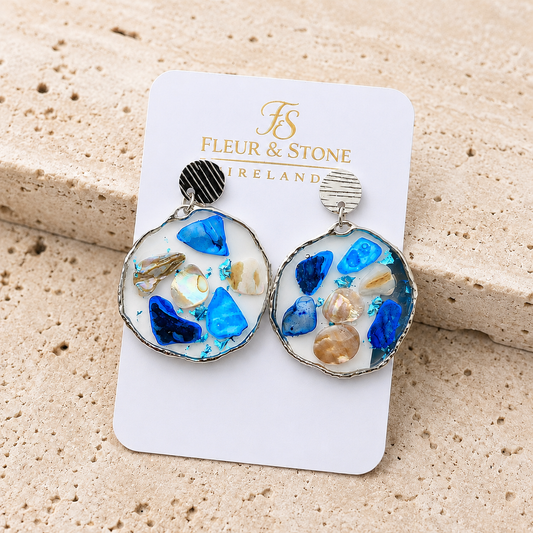 Atlantic Tides handmade blue seashell and clear resin earrings with hammered stainless steel studs by Fleur & Stone Ireland