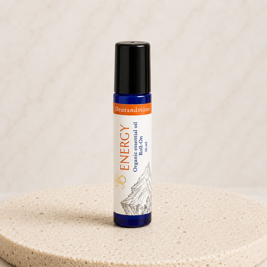 Energy organic essential oil roll-on with Peppermint, Sweet Orange and Eucalyptus, hand-blended by Fleur & Stone in County Kerry, Ireland.