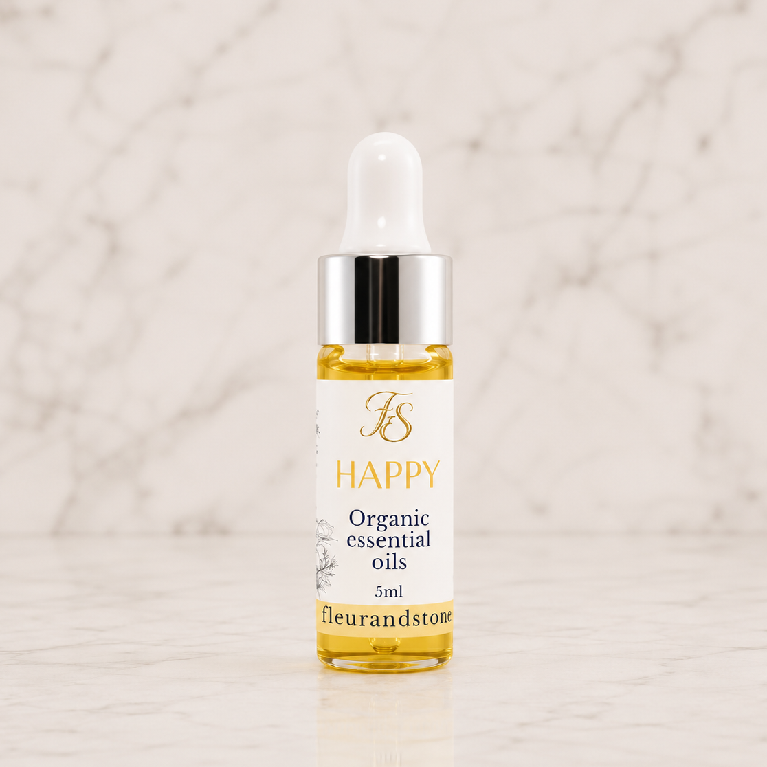 Fleur & Stone Happy Essential Oil Blend 5ml made with 100% pure organic sweet orange, lemon, ylang ylang, citronella and frankincense essential oils.