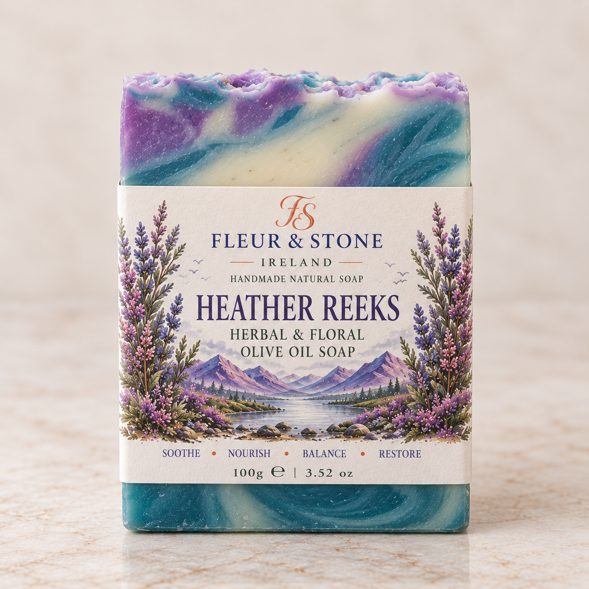 Heather Reeks herbal and floral olive oil soap by Fleur & Stone Ireland, inspired by the purple heather of the MacGillycuddy’s Reeks in County Kerry.