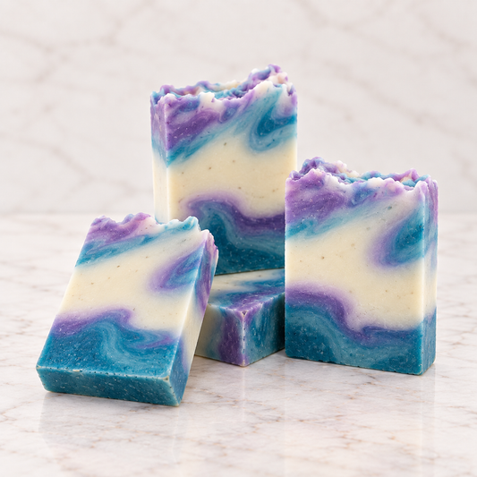 Heather Reeks handmade olive oil soap bars with purple, blue and cream marbling by Fleur & Stone Ireland.