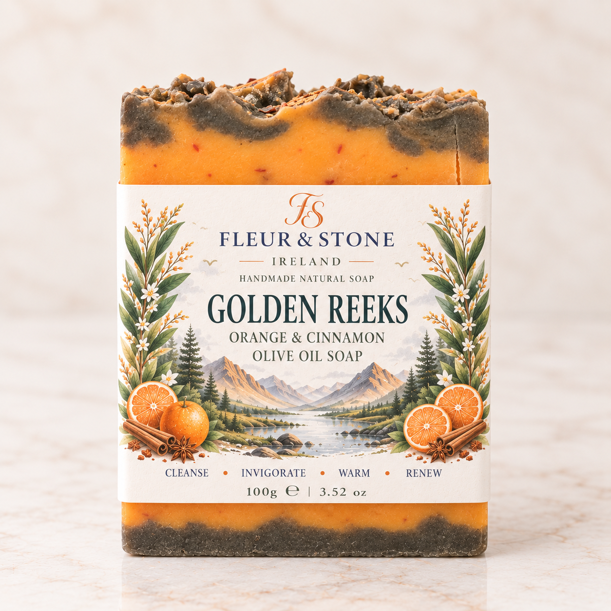 Golden Reeks orange and cinnamon olive oil soap by Fleur & Stone Ireland, inspired by the MacGillycuddy’s Reeks in County Kerry.