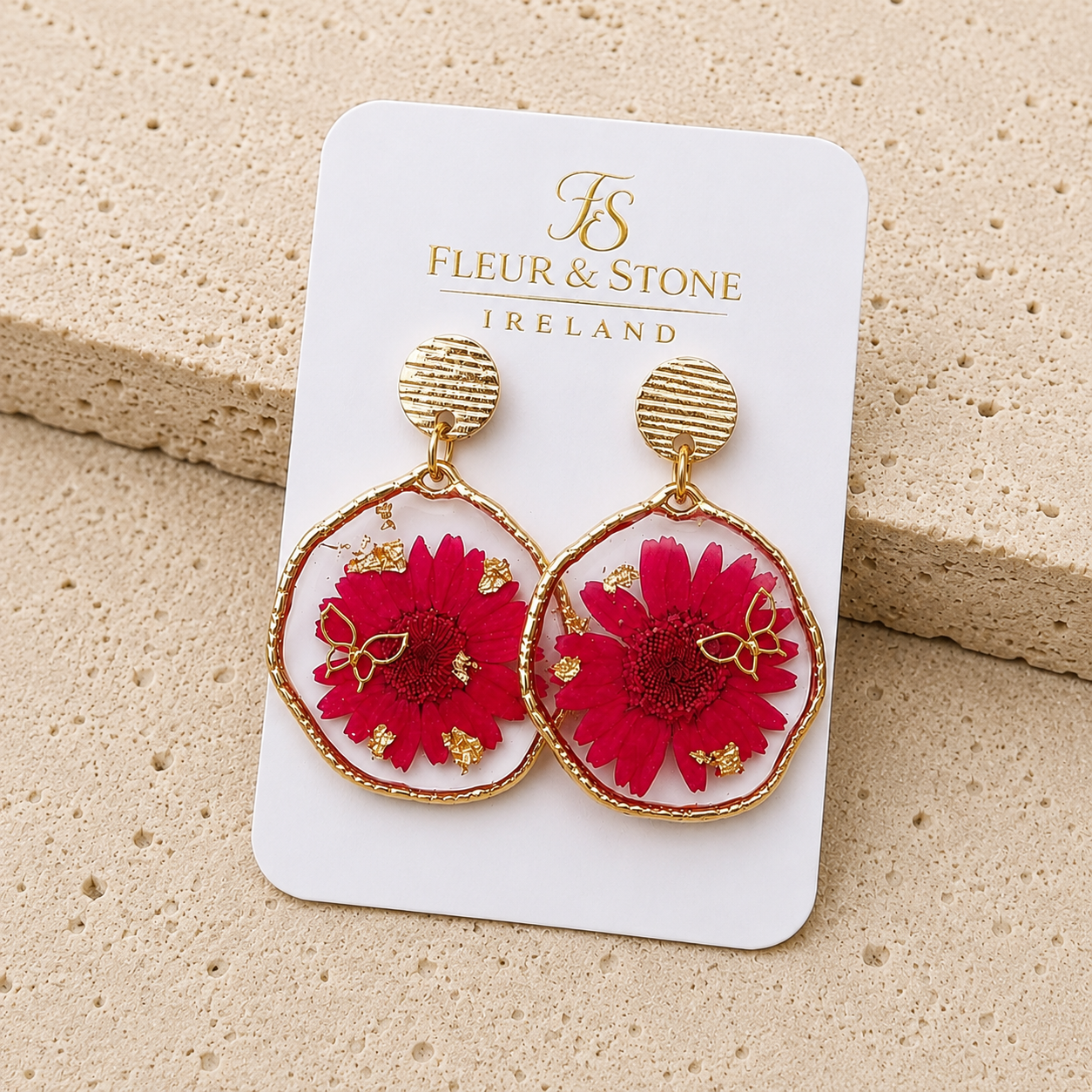 Kerry Bloom Crimson Daisy earrings handmade with real pressed flowers, clear resin and gold details by Fleur & Stone in Kerry, Ireland.