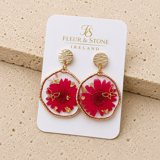 Kerry Bloom Crimson Daisy earrings handmade with real pressed flowers, clear resin and gold details by Fleur & Stone in Kerry, Ireland.