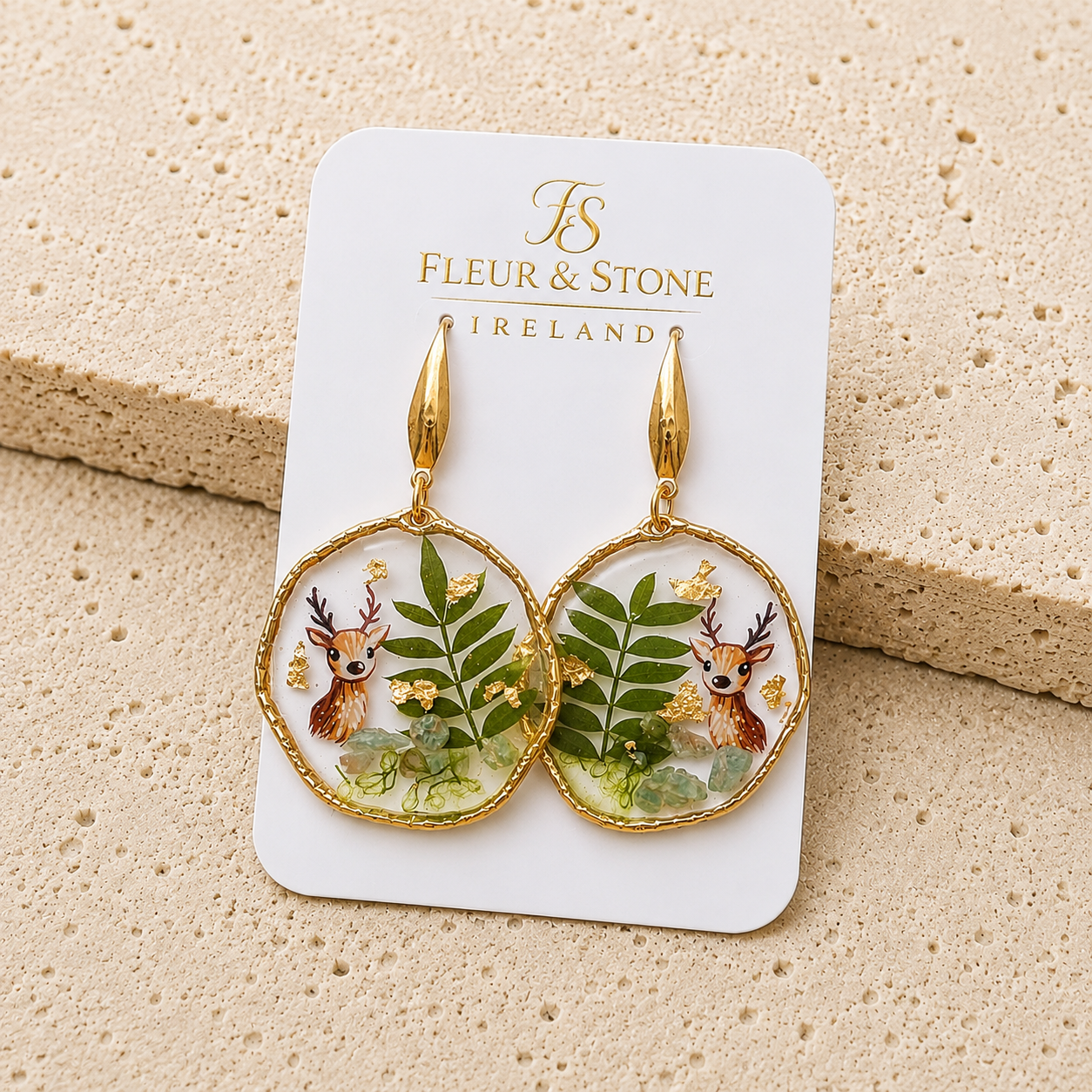 Killarney Park handmade deer resin earrings with real fern, moss, Amazonite and gold leaf by Fleur & Stone Ireland.