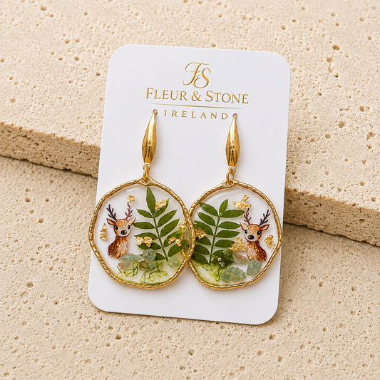 Killarney Park handmade deer resin earrings with real fern, moss, Amazonite and gold leaf by Fleur & Stone Ireland.