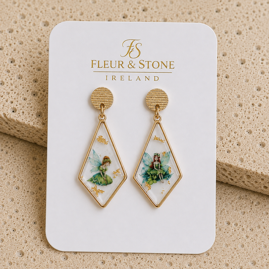 Fairy resin earrings with gold leaf and gold-plated stainless steel studs by Fleur & Stone Ireland