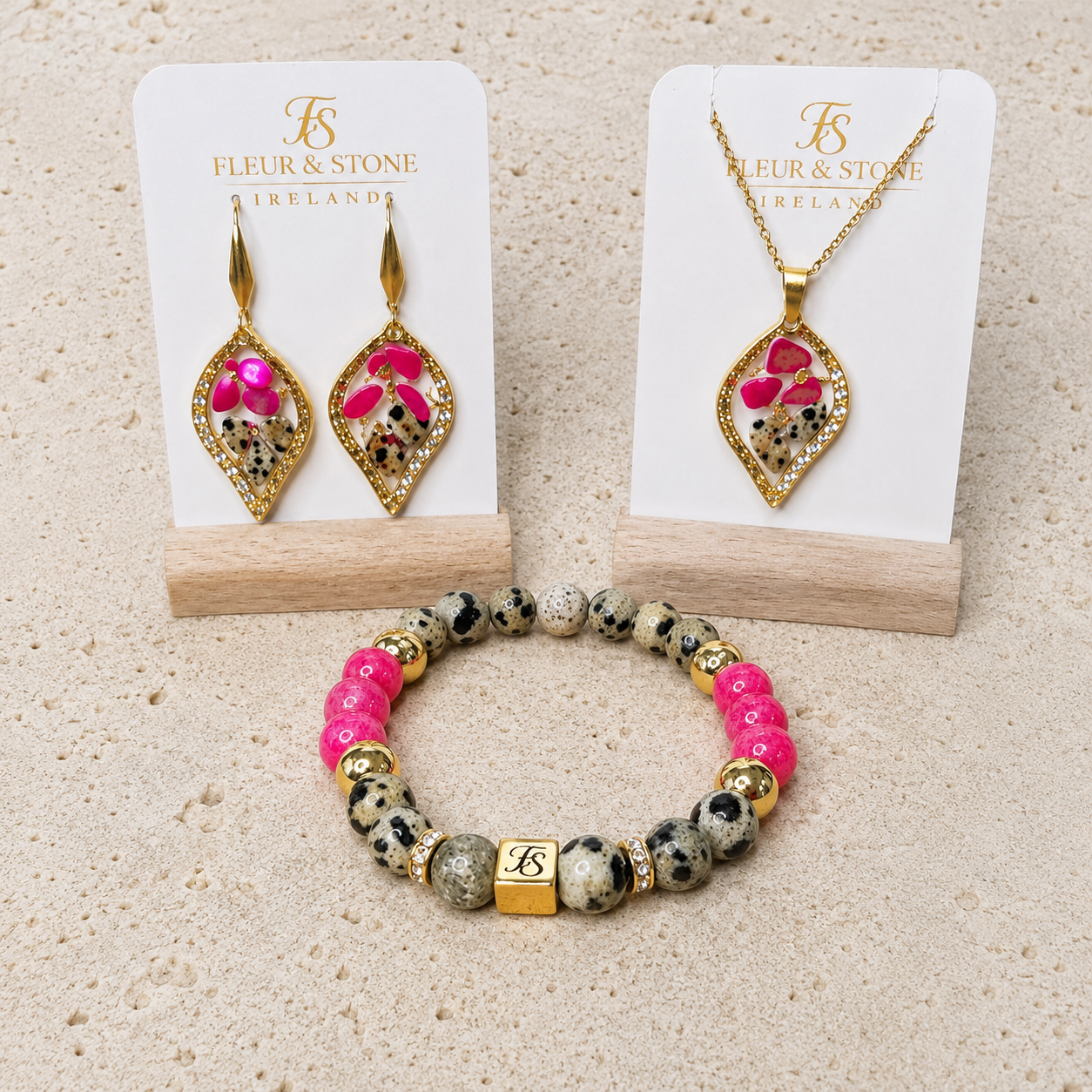 Pink Horizon 8mm Dalmatian & Rhodochrosite