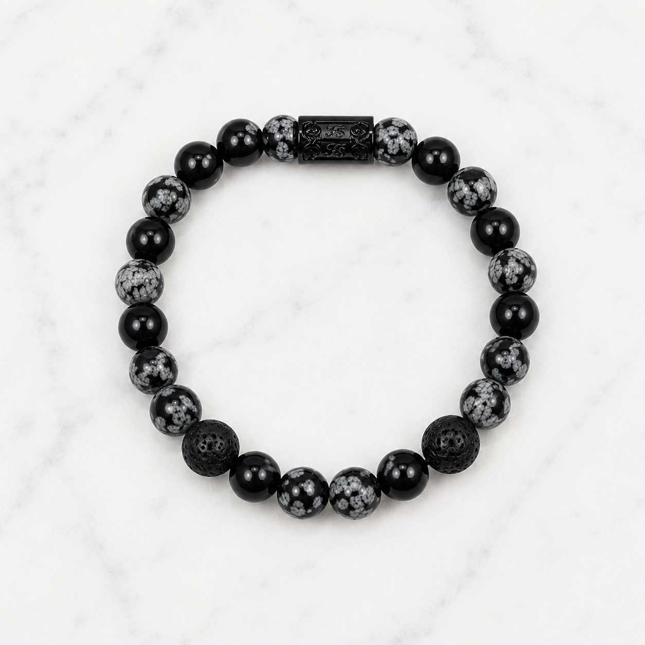 Snowflake Obsidian & Lava Stone bracelet with 10mm natural gemstone beads and black stainless steel Fleur & Stone connector.