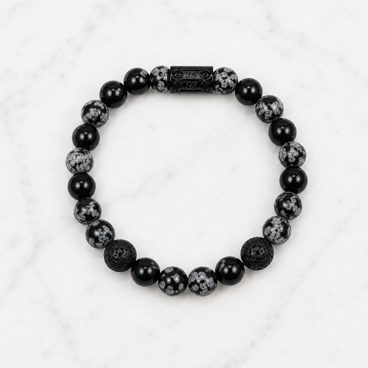 Snowflake Obsidian & Lava Stone bracelet with 10mm natural gemstone beads and black stainless steel Fleur & Stone connector.