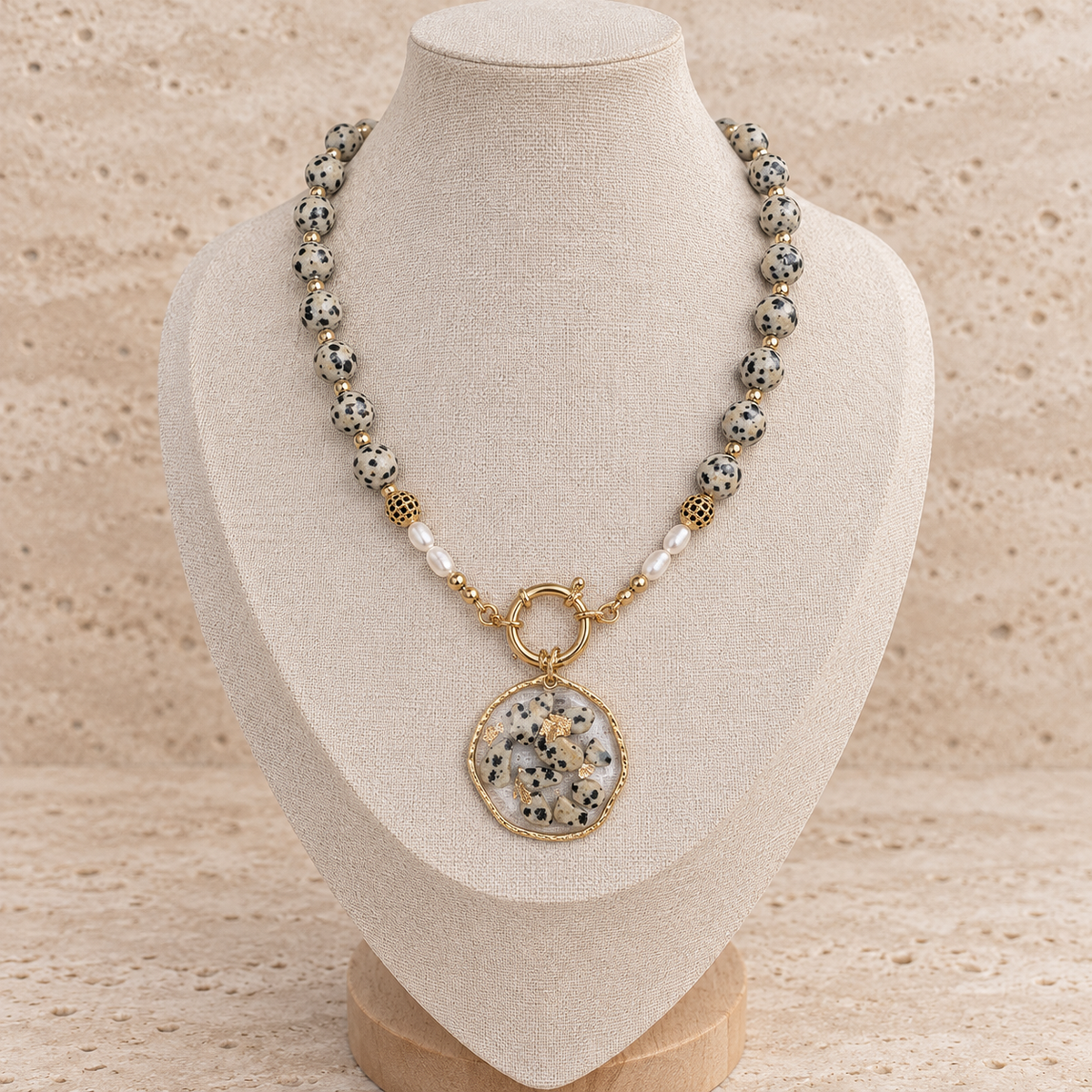 Dalmatian Gold natural Dalmatian Jasper necklace with handmade resin pendant on jewellery bust