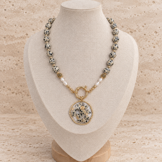 Dalmatian Gold natural Dalmatian Jasper necklace with handmade resin pendant on jewellery bust