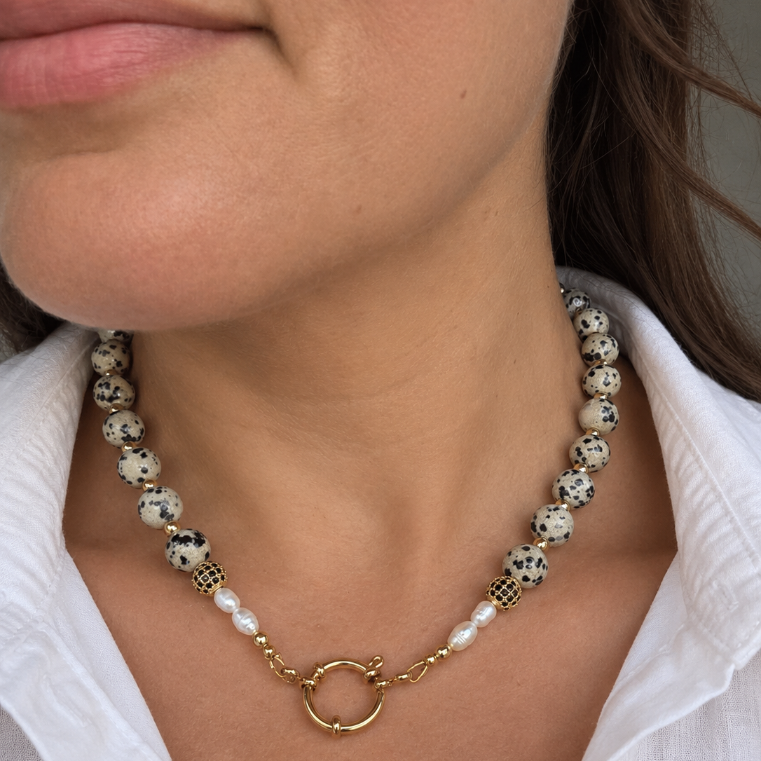 Dalmatian Gold gemstone necklace worn without pendant showing gold spring-ring clasp