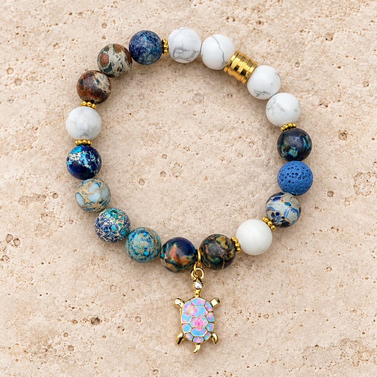 Ocean Spirit Imperial Sea Sediment Jasper and Howlite bracelet with iridescent turtle charm