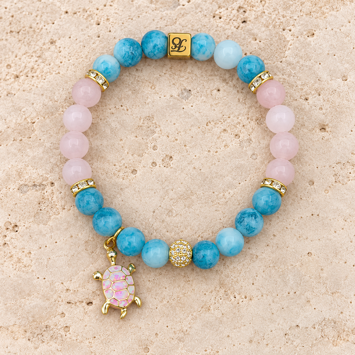 Coastal Rose 8mm Larimar and Rose Quartz bracelet with iridescent turtle charm
