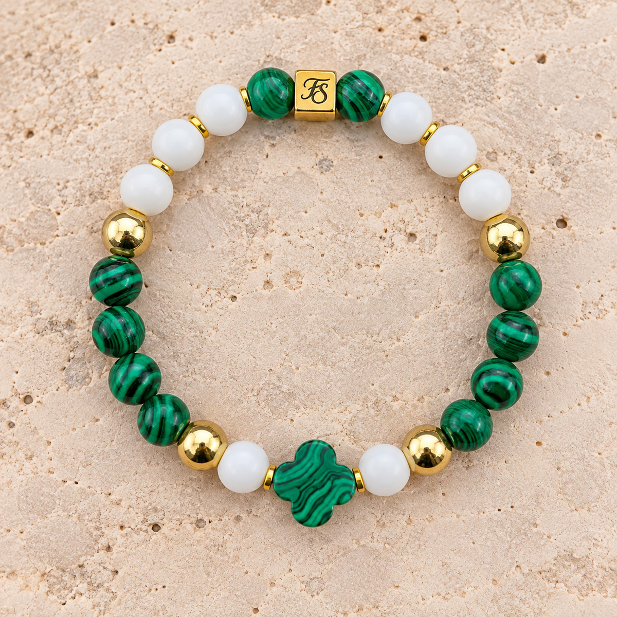 Emerald Clover Malachite and White Agate gemstone bracelet with gold details