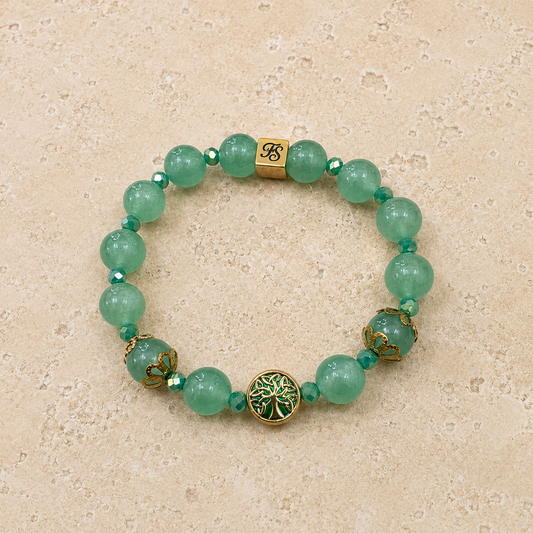 Natural Green Aventurine 10mm gemstone bracelet with gold-plated stainless steel Tree of Life charm and Fleur & Stone logo bead